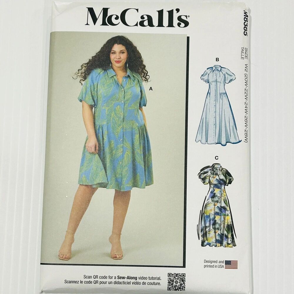 McCall's Sewing Pattern M8385 Button Front Spring Dress Midi Maxi Plus 20W-28W